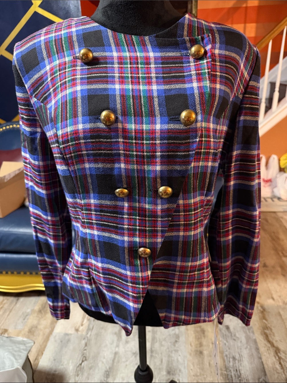 Vintage Lindsey Scott Plaid Double-Breasted Women's Jacket - Blue/Purple Plaid